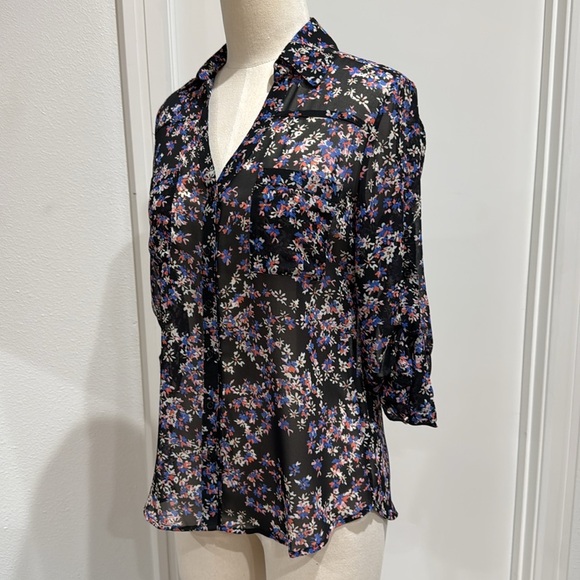 Express Sheer Floral Long Sleeve Collared Button-Up Top  with Sleeve Tabs - XS - Picture 2 of 11